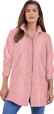 Roaman's Kate Long-Sleeve Crisp Cotton-Blend Button-Front Tunic