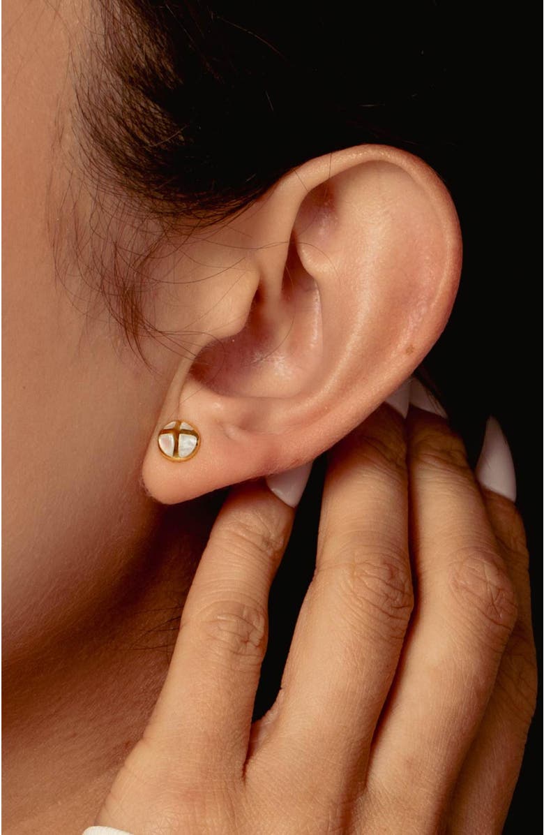 Rizen Jewelry Mother Of Pearl Cross Dome Stud Earrings, Alternate, color, 18K Gold Plated