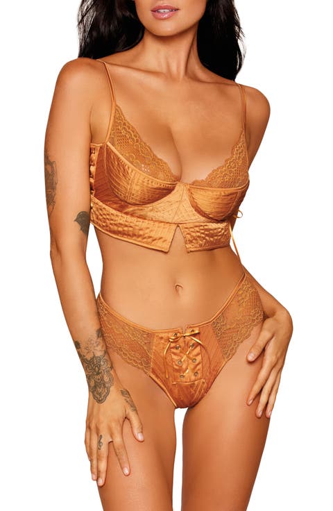 Lace Trim Satin Undwrwire Bra & Thong Set