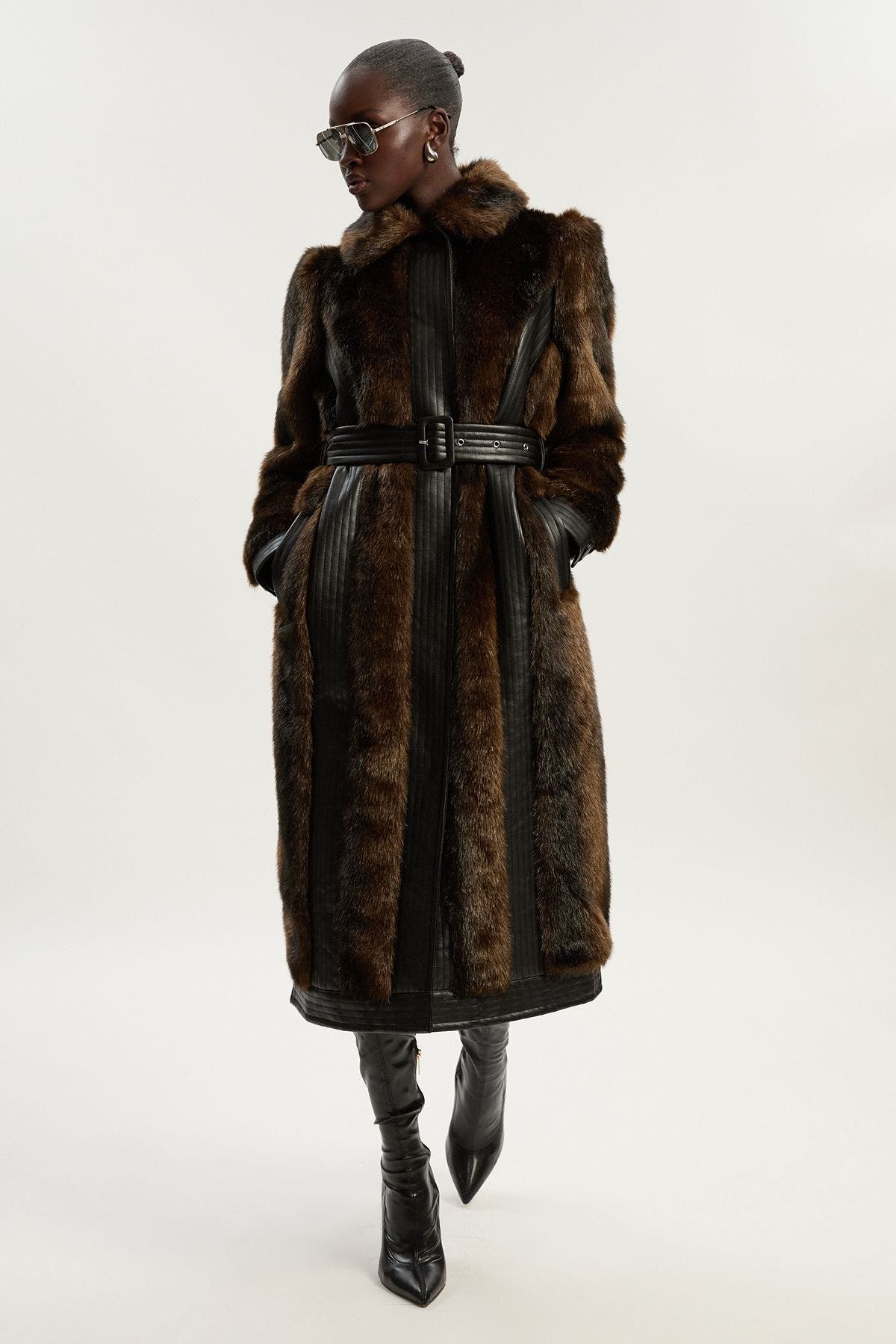 Karen Millen Petite Faux Fur Belted Midi Coat In Brown