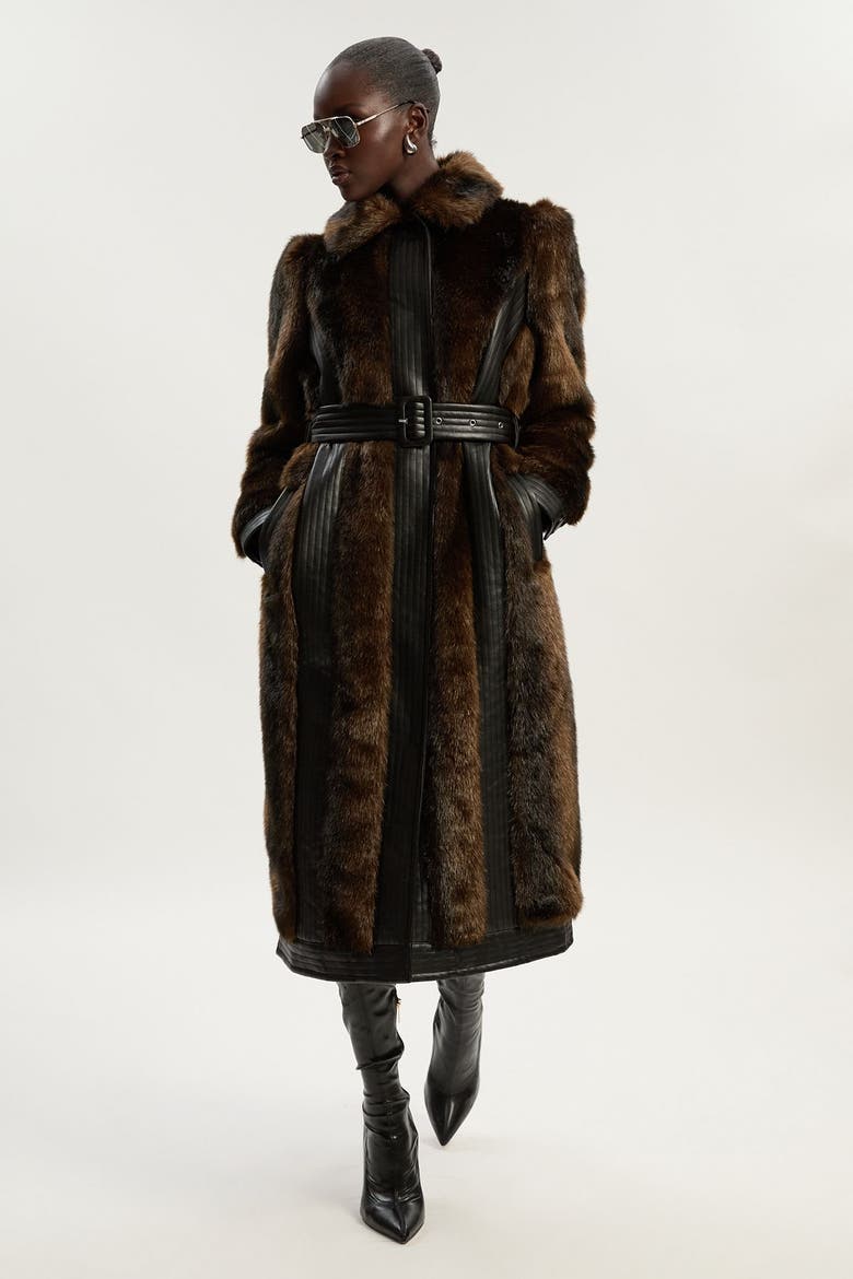 Petite Faux Fur Belted Midi Coat, Main, color, Chocolate