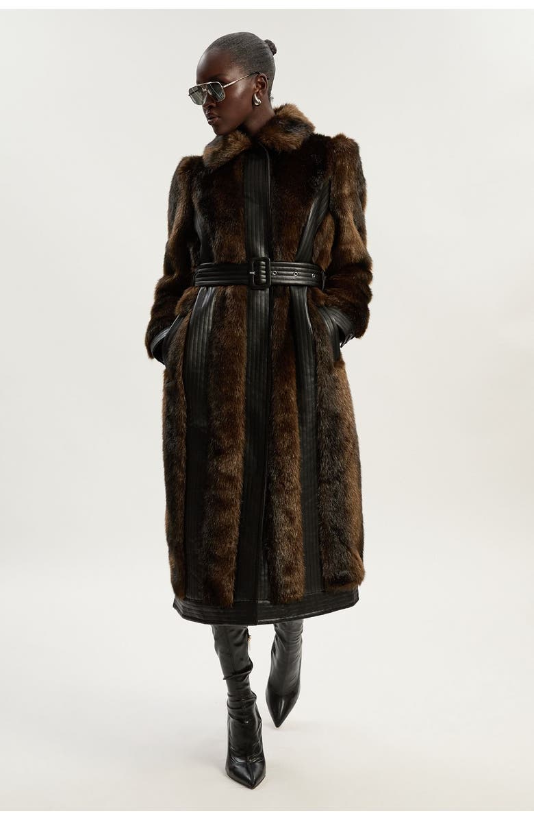 Karen Millen Petite Faux Fur Belted Midi Coat, Main, color, Chocolate