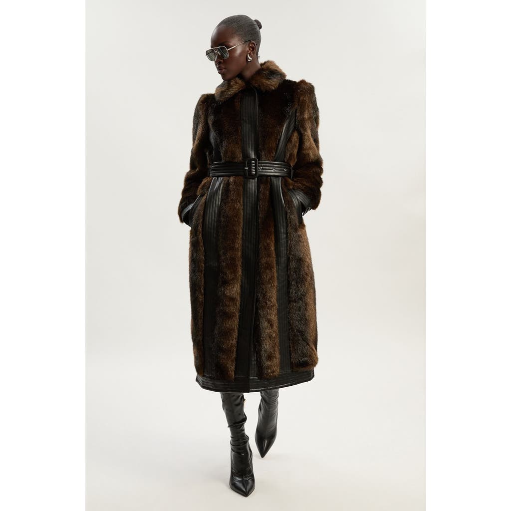 Karen Millen Petite Faux Fur Belted Midi Coat In Brown