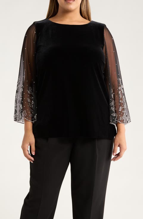 Sheer Rhinestone Sleeve Velvet Blouse (Plus)