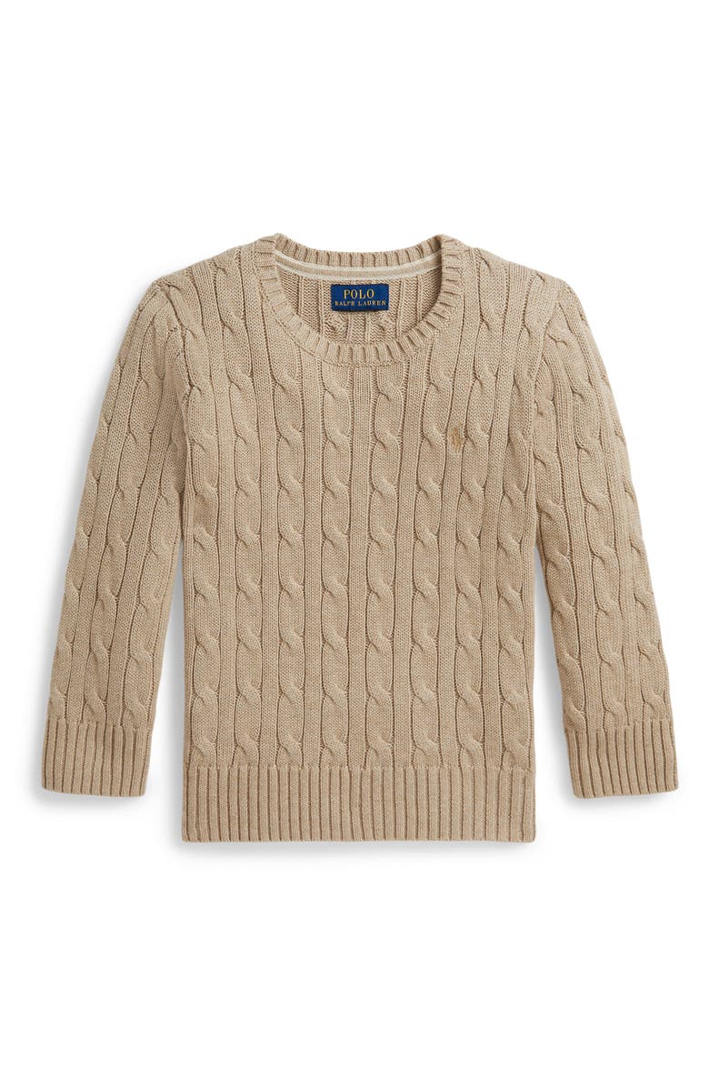 Polo Ralph Lauren Kids' Cable Stitch Combed Cotton Sweater, Main, color, Tan Heather