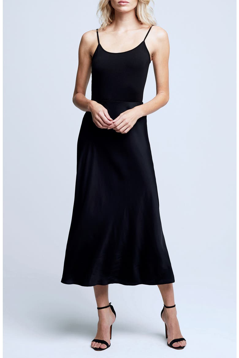 Clarisa Bias Cut Satin Skirt, Alternate, color, BLACK