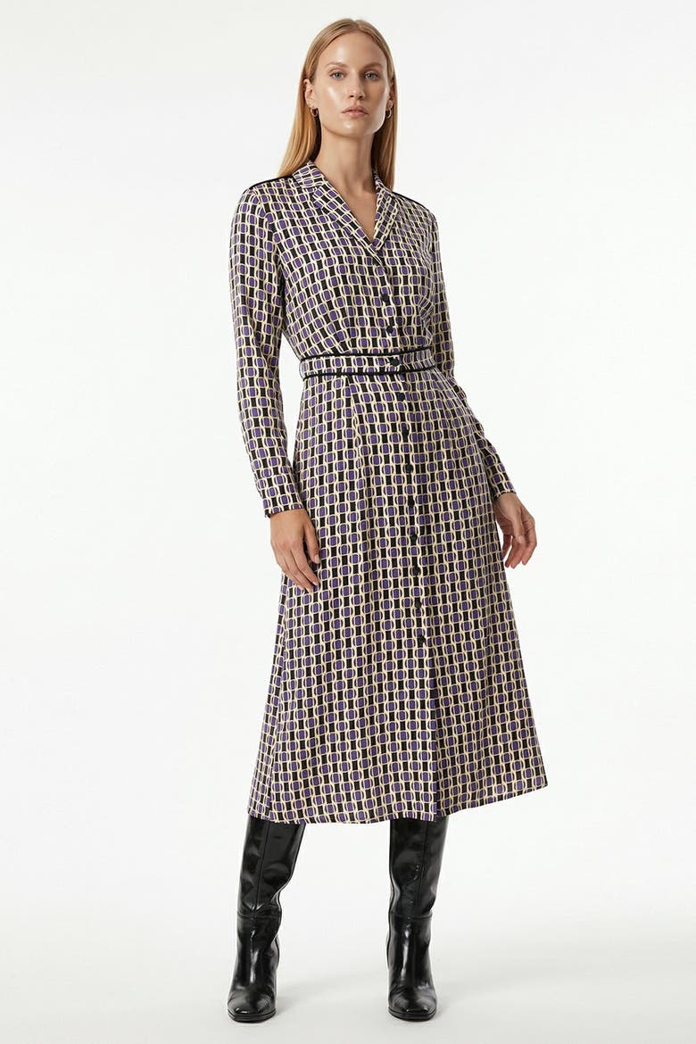 Long Sleeve Geometric Print Midi Shirt Dress With Waist Detail, Alternate, color, Black