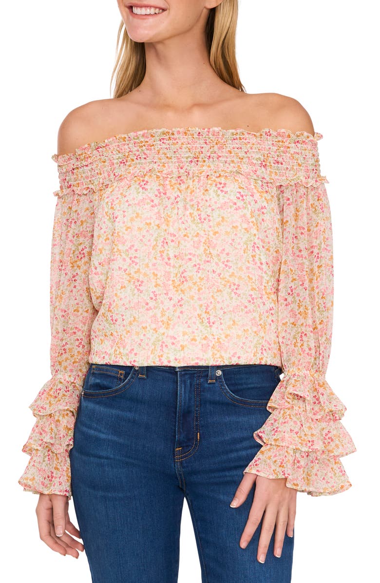 CeCe Floral Off the Shoulder Ruffle Top, Main, color, 