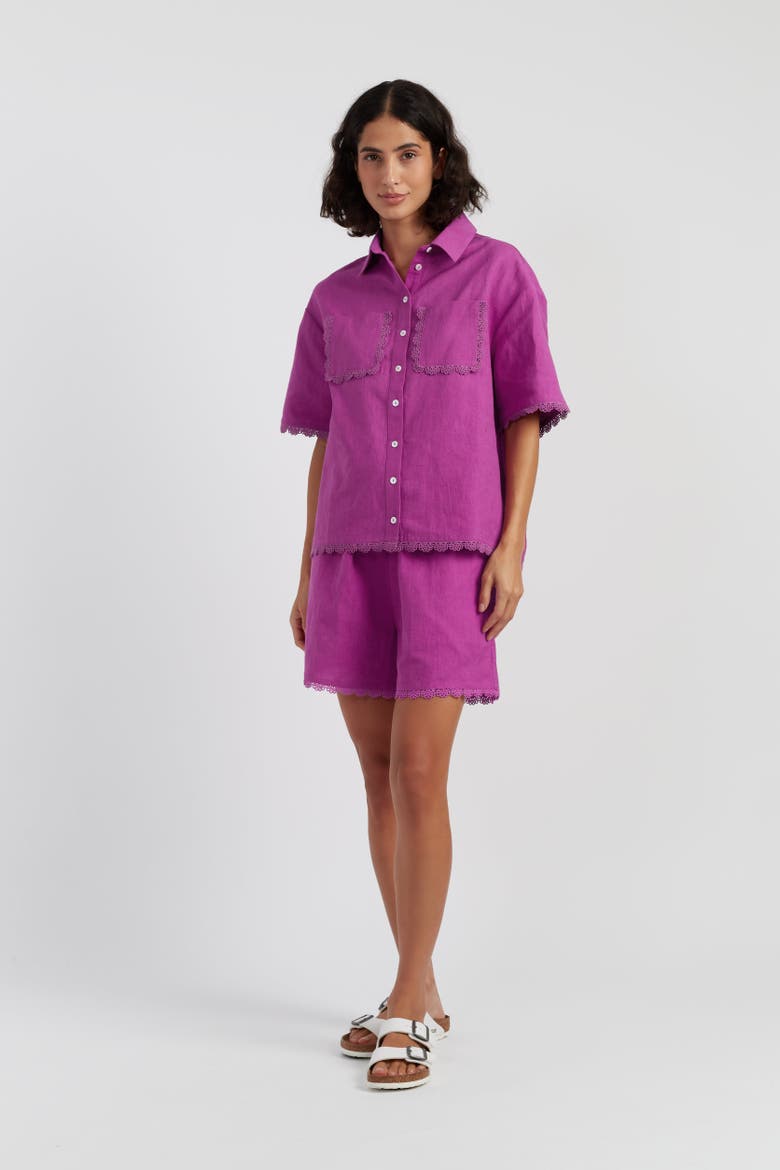 Sienna Linen-Blend Scallop Edge Shirt, Alternate, color, Magenta