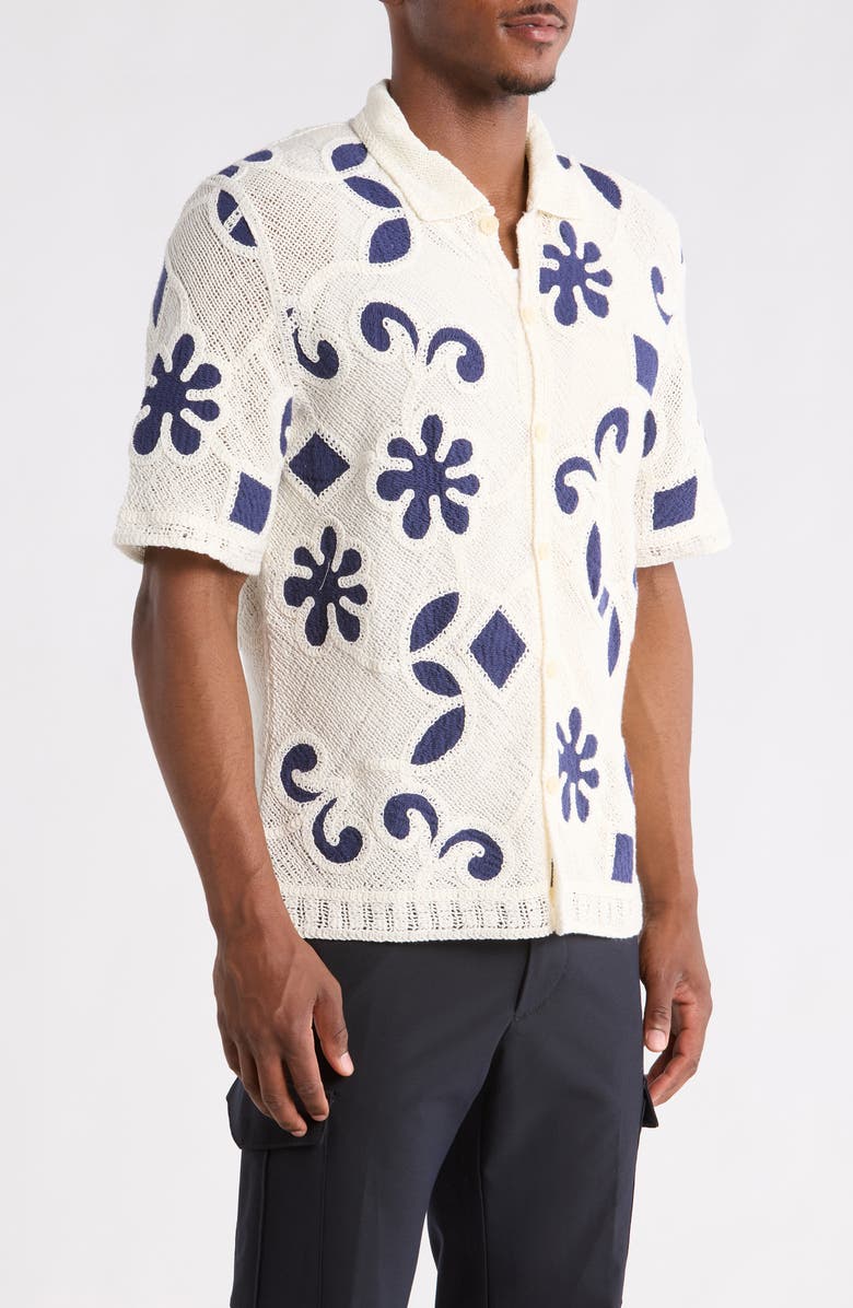 Wax London Porto Doodle Open Knit Short Sleeve Button-Up Shirt, Alternate, color, Ecru / Dark Blue