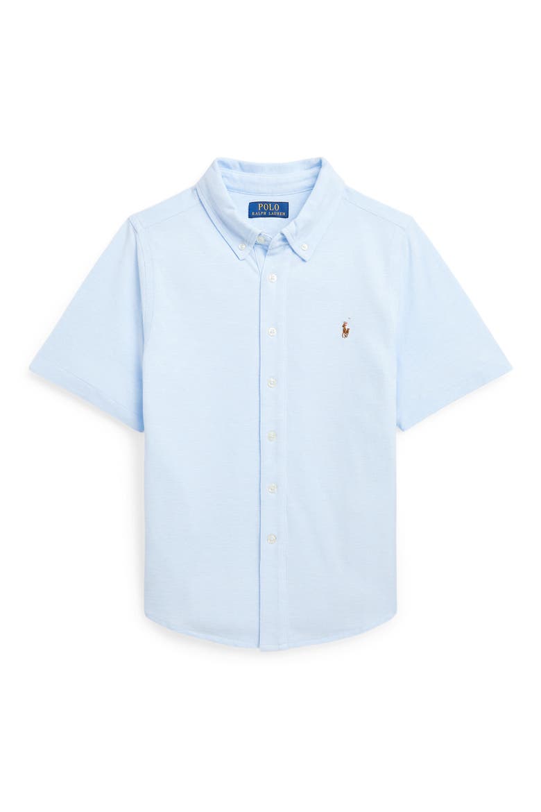 Kids' Short Sleeve Cotton Piqué Button-Down Shirt, Main, color, BLUE