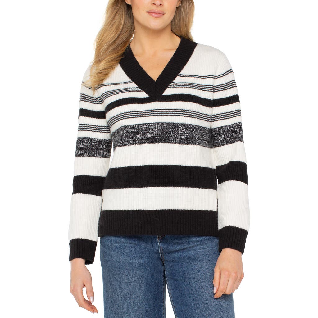 Liverpool Los Angeles Stripe V-neck Sweater In White