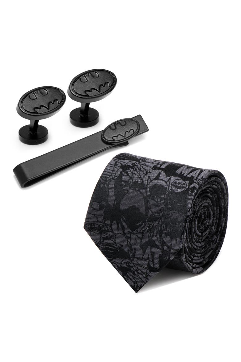 The Dark Knight Batman Silk Tie, Tie Bar & Cuff Links Gift Set, Main, color, BLACK