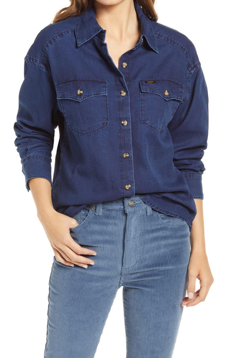 Frontier Western Button Front Denim Shirt, Main, color, DARK WASH HERRINGBONE