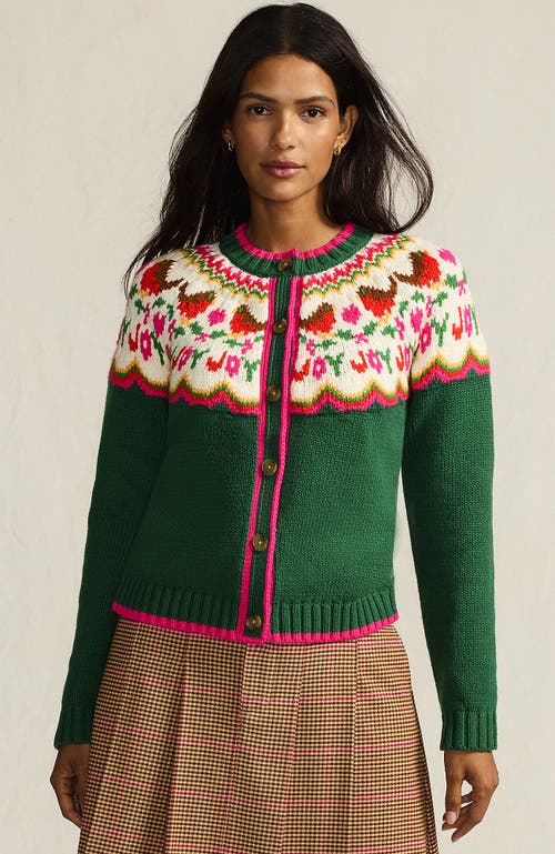 Lands' End Lofty Birdseye Fair Isle Cardigan Sweater In Green