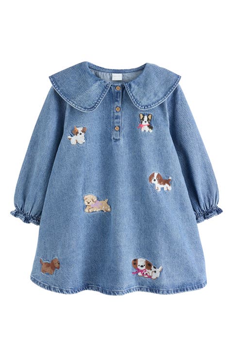 Kids' Dog Embroidered Denim Dress