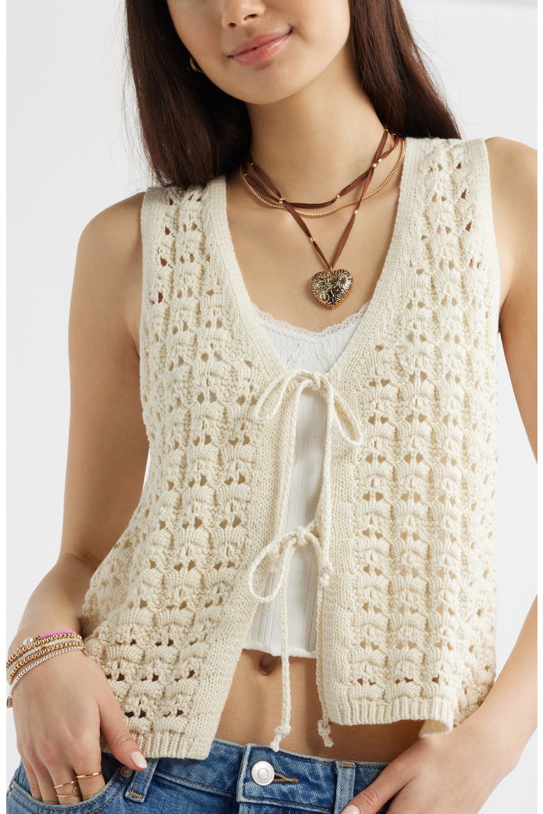 Tie Front Cotton Sweater Vest, Alternate, color, IVORY DOVE