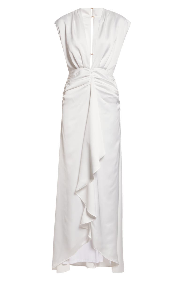 Ramy Brook Catrin Plunge Neck Center Ruched Satin Gown, Alternate, color, Ivory