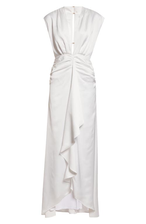 Ramy Brook Catrin Plunge Neck Center Ruched Satin Gown In White