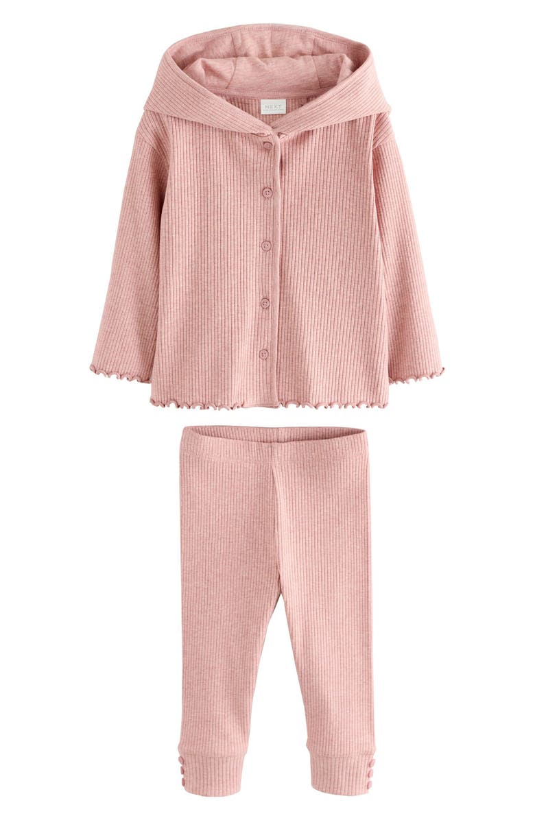 NEXT Kids' Cotton Rib Button-Up Hoodie & Leggings Set, Main, color, Pink