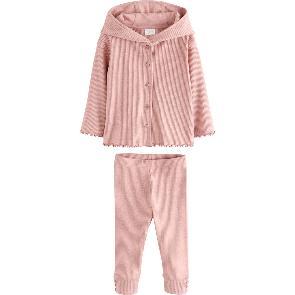 Next Kids' Cotton Rib Button-up Hoodie & Leggings Set In Pink