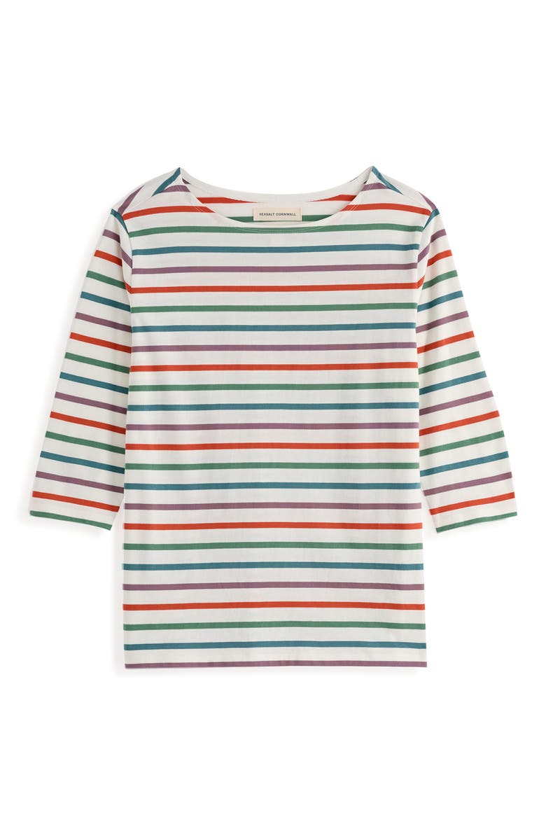 Sailor Stripe Three Quarter Sleeve Organic Cotton T-Shirt, Alternate, color, QUAD BRETON LENTIL