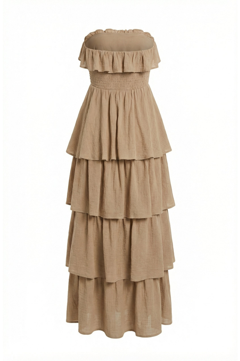 Strapless Tiered Ruffle Maxi Dress with High Slit, Alternate, color, Beige