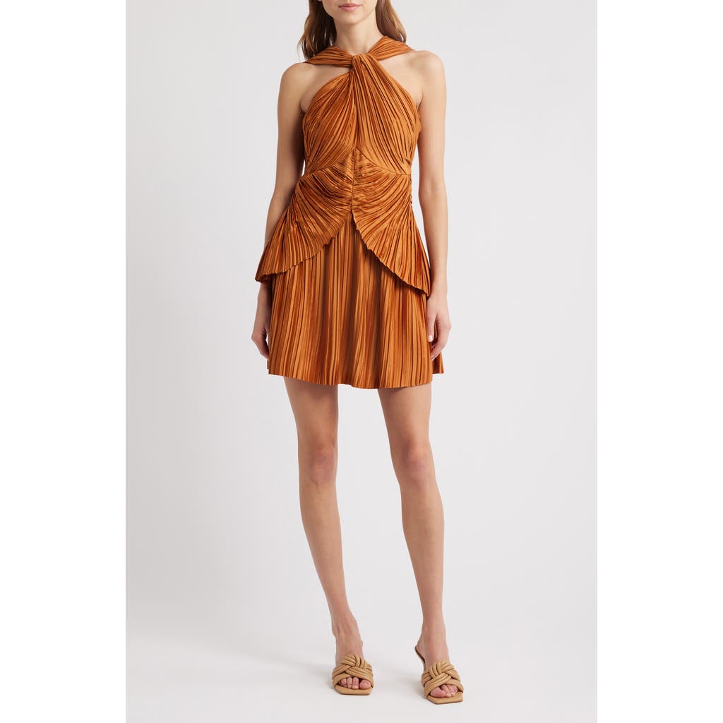 Shop Cult Gaia Sofila Variegated Pleat Twist Neck Minidress In Bourbon