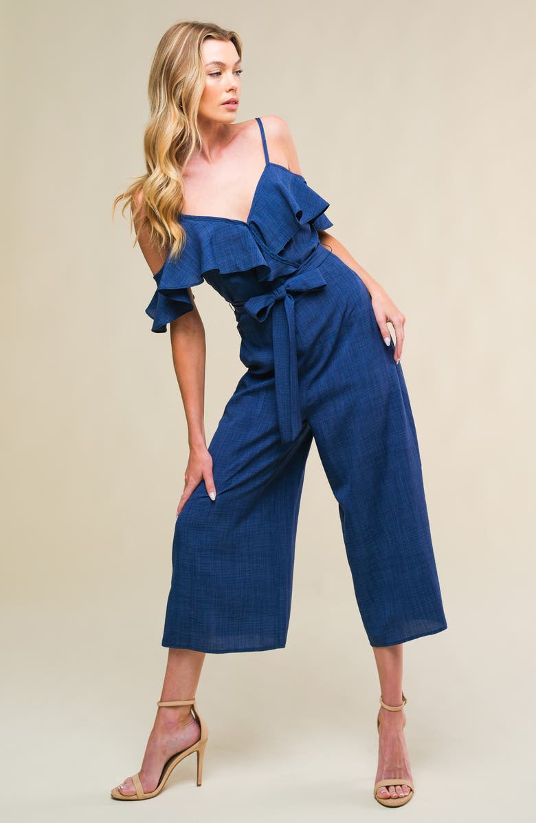 FLYING TOMATO Cold Shoulder Crop Wide Leg Jumpsuit, Alternate, color, Indigo