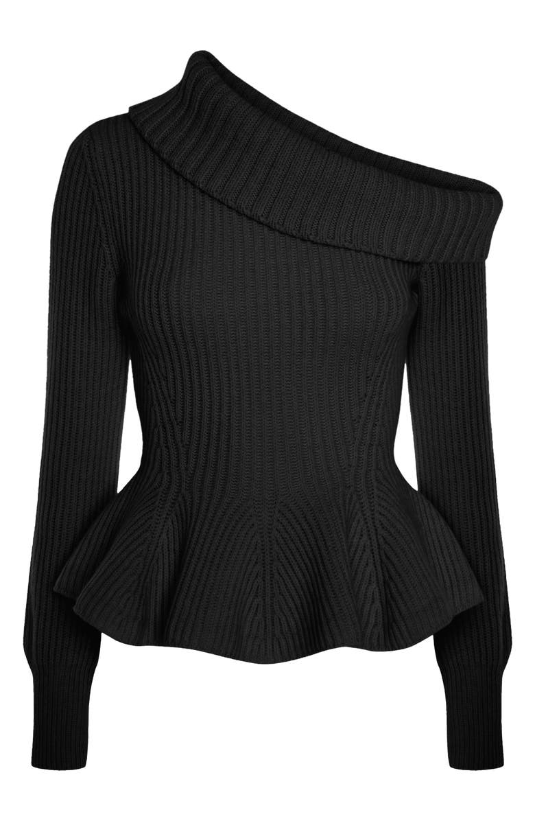 McQueen One-Shoulder Turtleneck Peplum Sweater, Alternate, color,