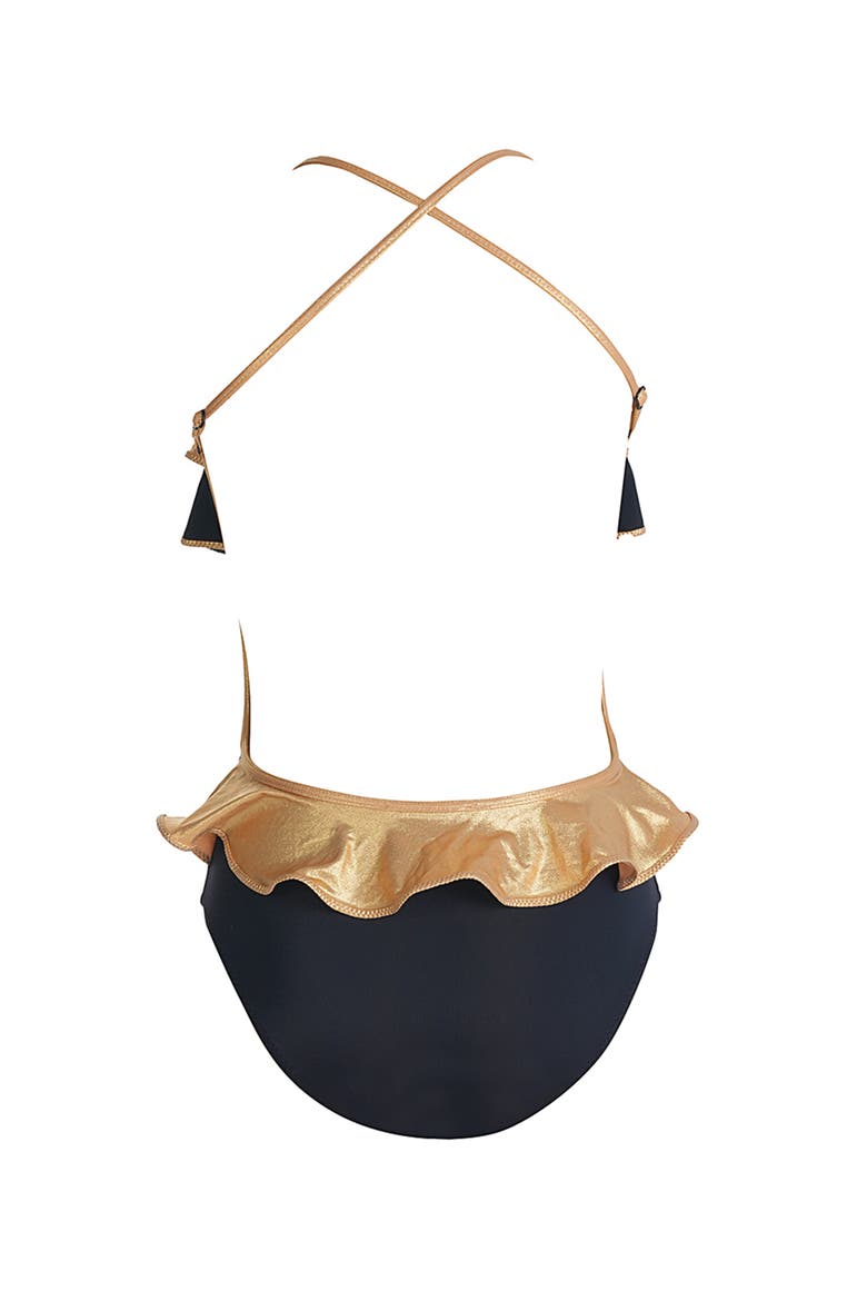Triple Ruffled, with Bow Detail One-Piece Swimsuit, Alternate, color, Black