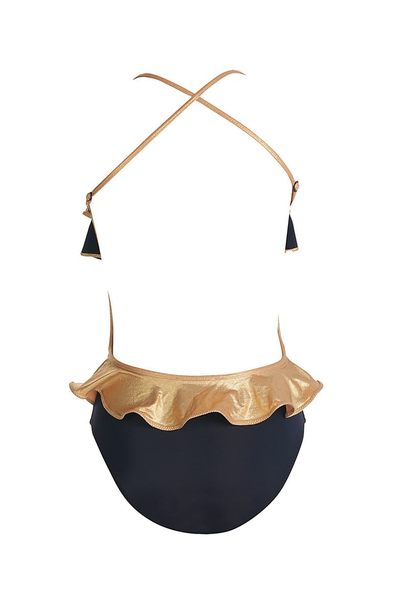 NESSI BYRD Triple Ruffled, with Bow Detail One-Piece Swimsuit, Alternate, color, Black