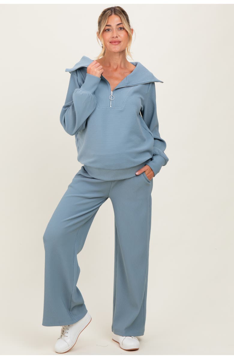 PinkBlush RIbbed Half Zip Pullover Wide Leg Pant Set, Main, color, Light Blue