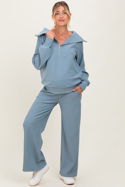 RIbbed Half Zip Pullover Wide Leg Pant Set