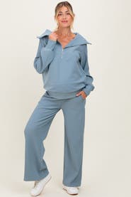 PinkBlush RIbbed Half Zip Pullover Wide Leg Pant Set