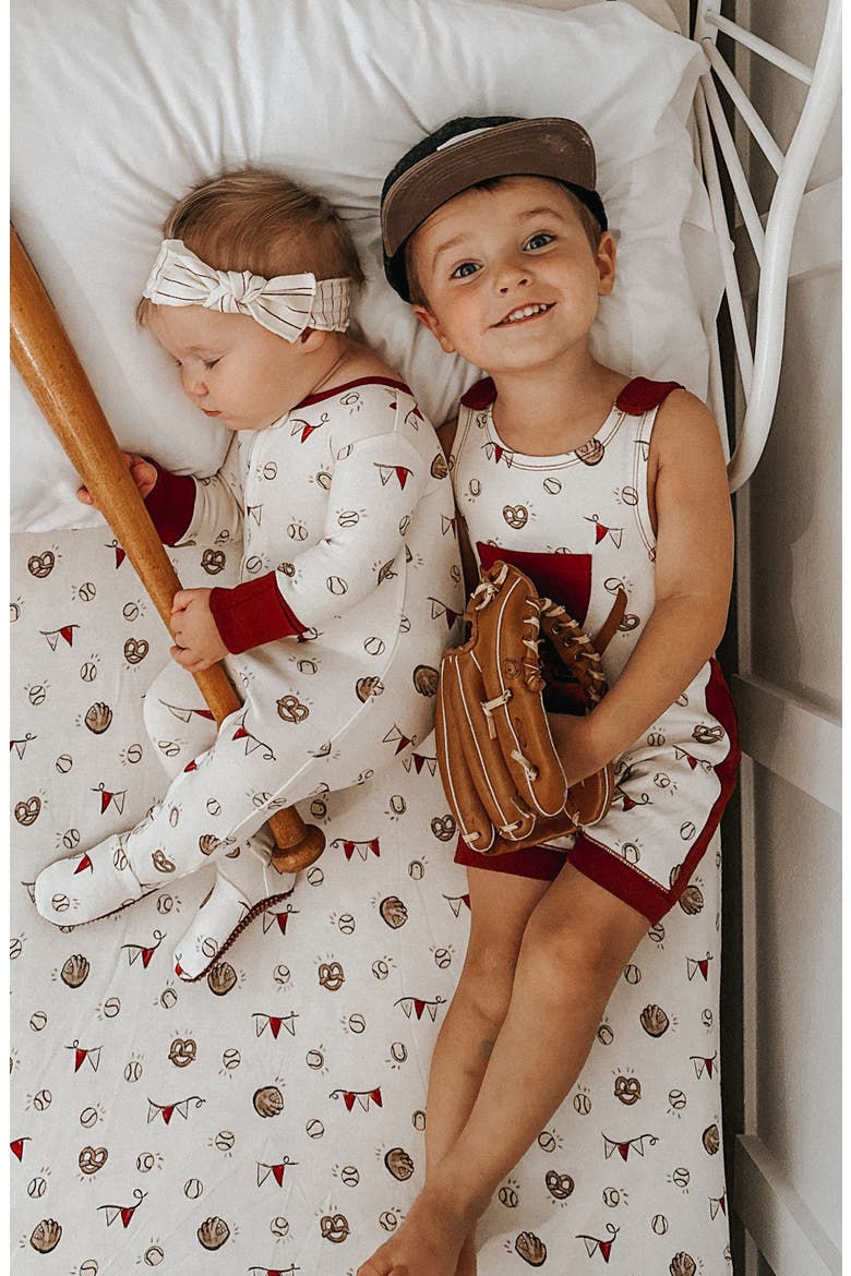 Print Sleeveless Organic Cotton Pocket Romper, Alternate, color, GAME DAY