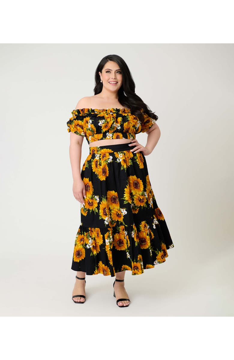 Unique Vintage Plus Size 1950s Tiered Midi Skirt, Main, color, Black Sunflower Print