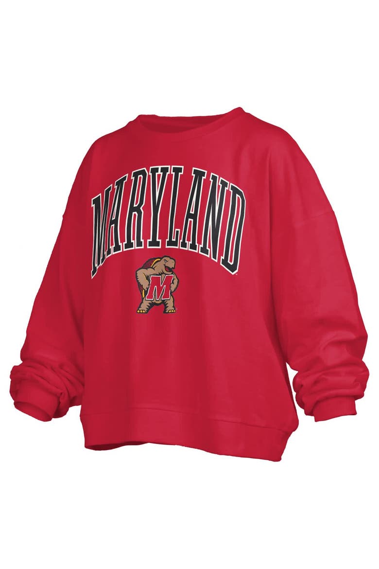 Women's Pressbox Red Maryland Terrapins Janise Arch Over Logo Waist Length Oversized Pullover Sweatshirt, Alternate, color, Red