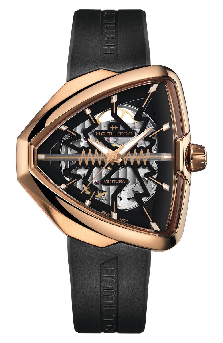 Hamilton Ventura Elvis80 Skeleton Automatic Rubber Strap Watch, 44.6mm, Main, color, Black