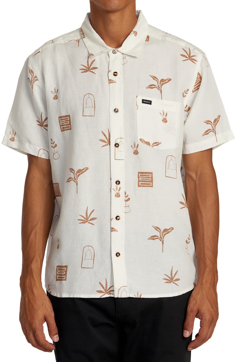 RVCA Artifacts Short Sleeve Linen Blend Button-Up Shirt, Main, color, 