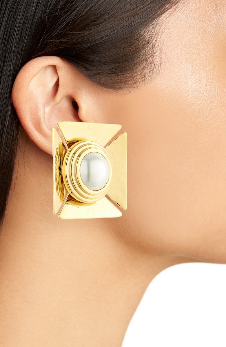 Saint Laurent Imitation Pearl Square Earrings, Alternate, color, 