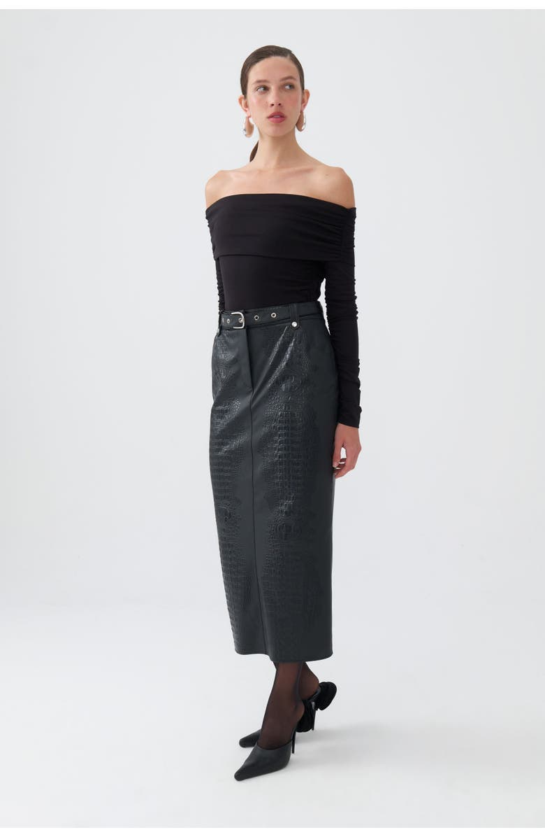 Nocturne Faux Leather Midi Skirt with Belt, Alternate, color, 
