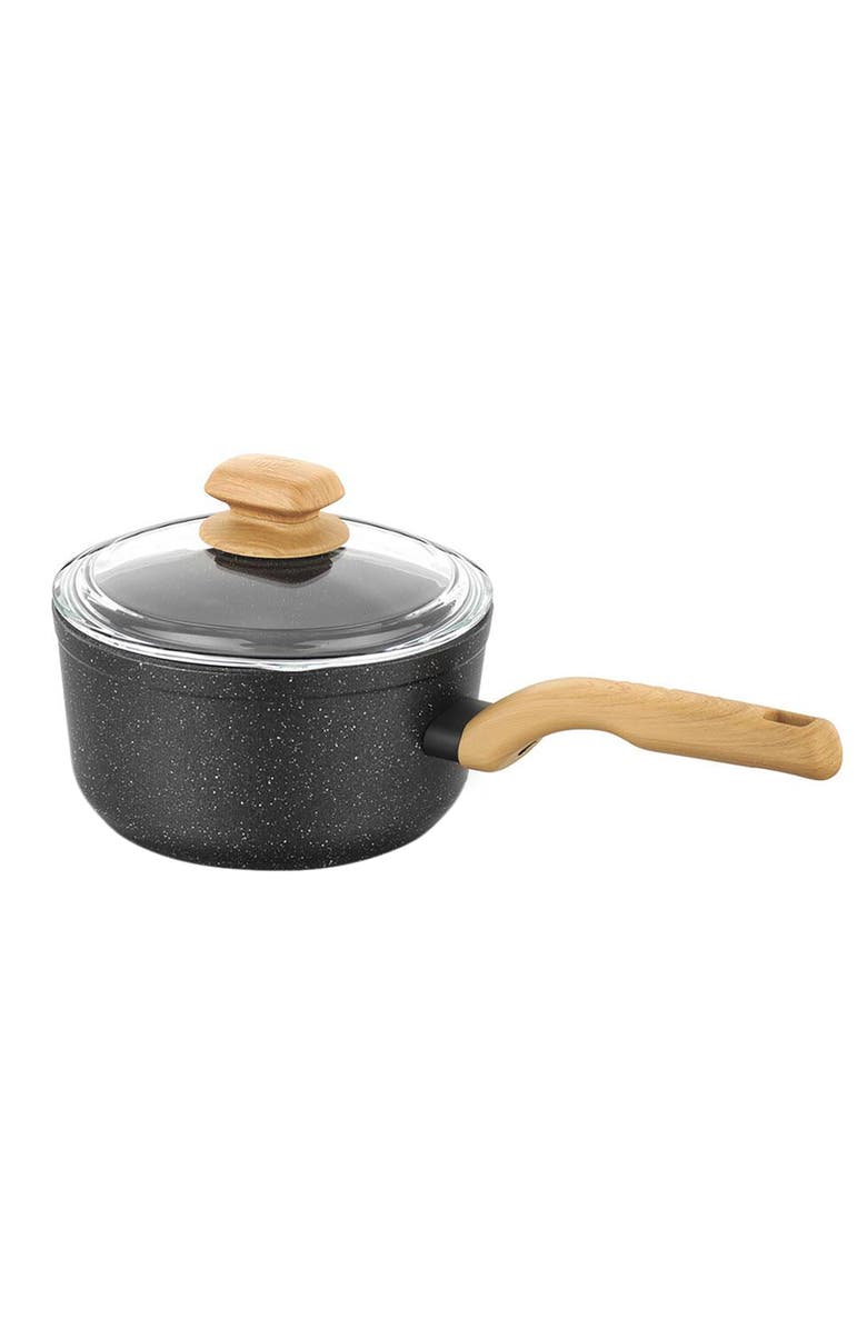 Korkmaz Montana 2 Piece 2 Liter Aluminum Nonstick Saucepan with Lid and Faux Wood Handles, Main, color, Black