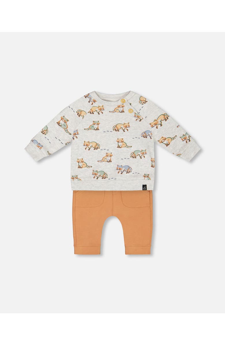 Deux par Deux Baby Boy's Organic Cotton Top And Pant Set Beige Mix Printed Racoon And Hazel, Main, color,