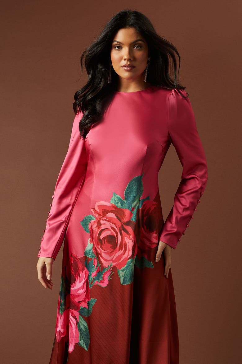 Premium Satin Placement Print Maxi Dress, Alternate, color, Pink