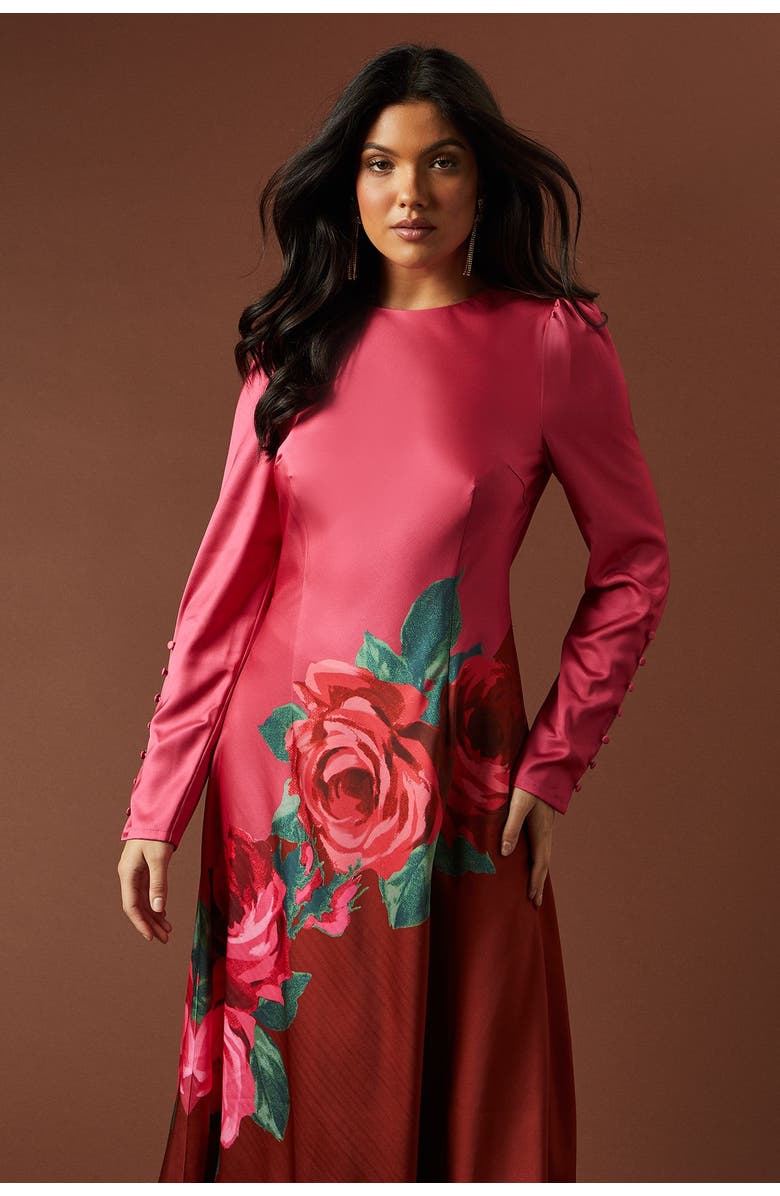 Oasis Premium Satin Placement Print Maxi Dress, Alternate, color, Pink