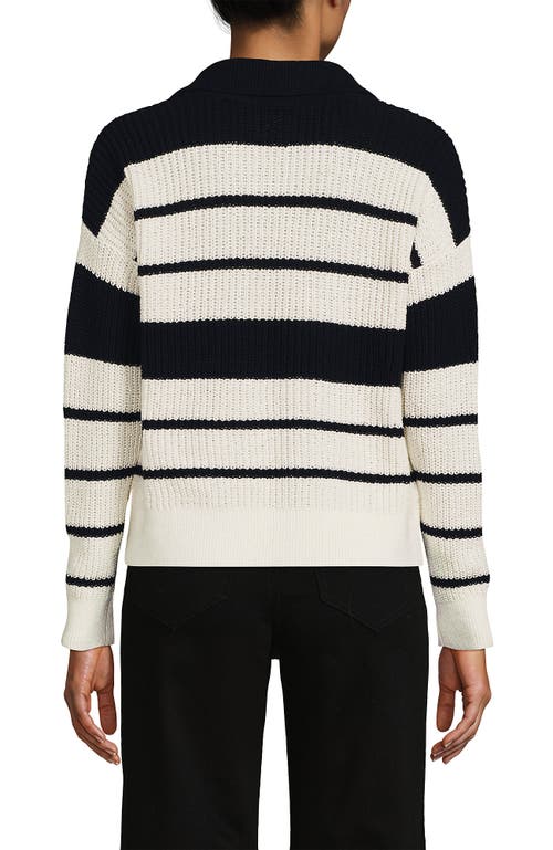 Lands' End Cotton Boucle Johnny Collar Textured Sweater In Ivory/black Stripe