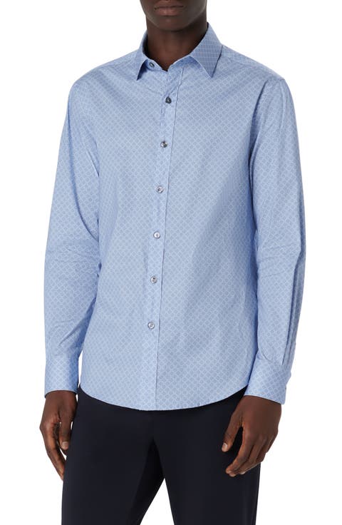 Axel Shaped Fit Trellis Print Stretch Cotton Button-Up Shirt