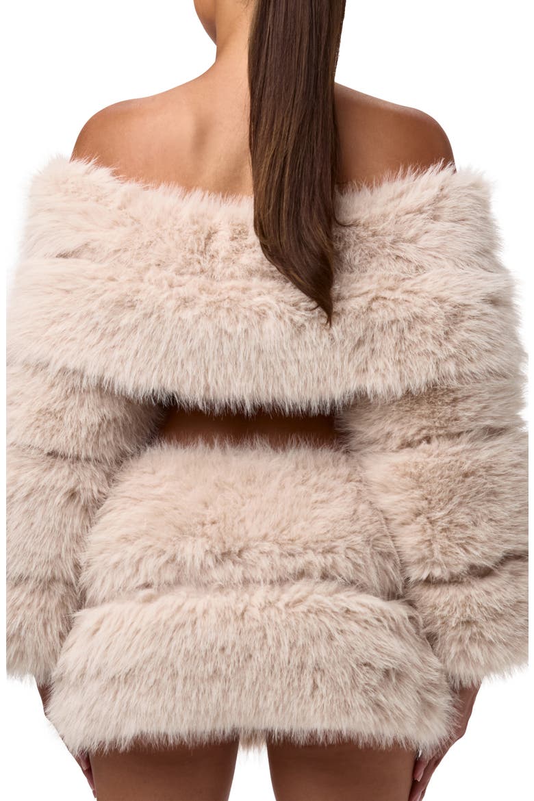 Faux Fur Off the Shoulder Long Sleeve Crop Top, Alternate, color, TAUPE