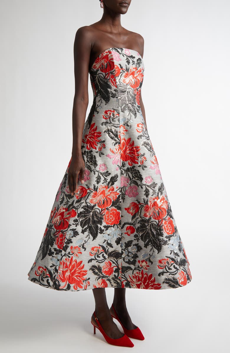 Carolina Herrera Embroidered Floral Print Strapless Tiered Silk Corset Minidress, Alternate, color, 